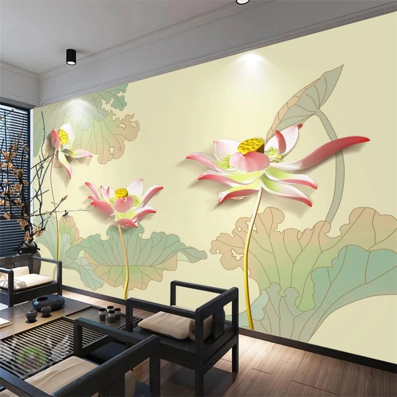 

wellyu Custom wallpaper mural new Chinese beautiful hand-painted pen lotus three-dimensional background wall papel de parede