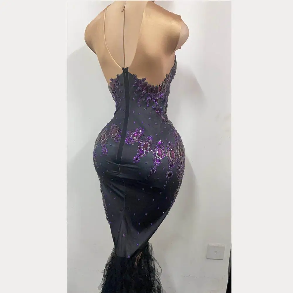 Gorgeous Celebrity Dresses Women Stage Outfit Vintage Mermaid Crystal Organza Dress Sleeveless Evening Gown Big Tail Mesh Dress