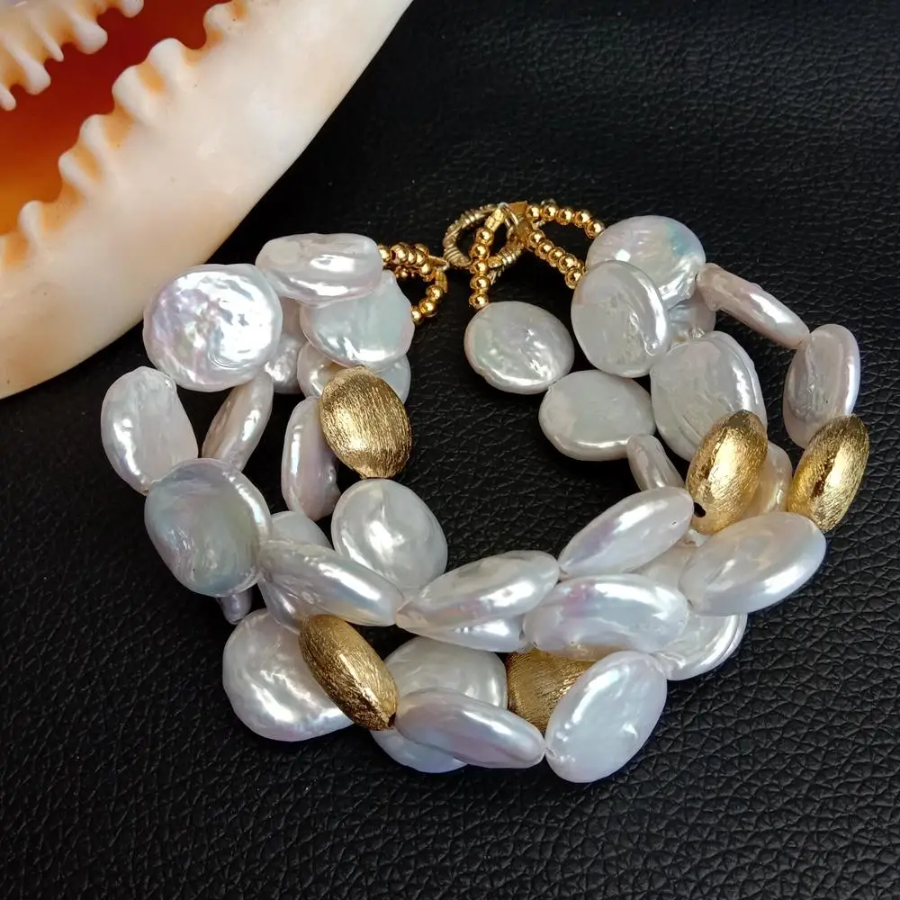 Y·YING 4Strands Freshwater Cultured White Coin Pearl Gold color Plated Brushed Bead Bracelet 8.5