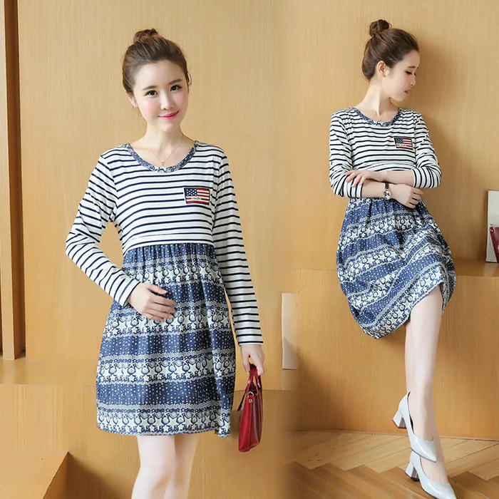 Maternity wear new Korean version of the cotton denim print long-sleeved maternity dress can breastfeed  maxi dress