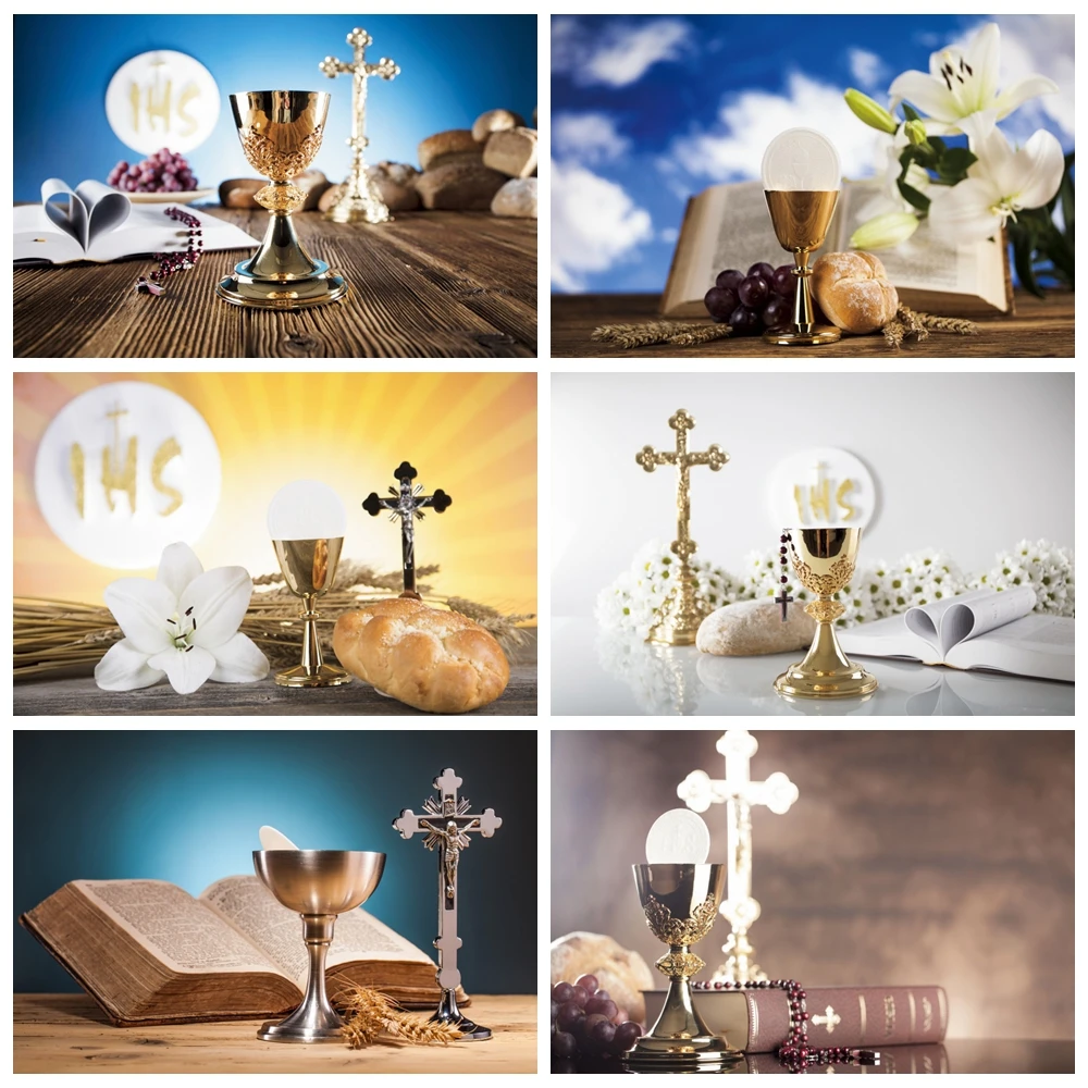 Baby Shower My First Holy Communion Catholic Theme Jesus Crucifix Chalice Bible Bread Photo Background Photography Backdrop