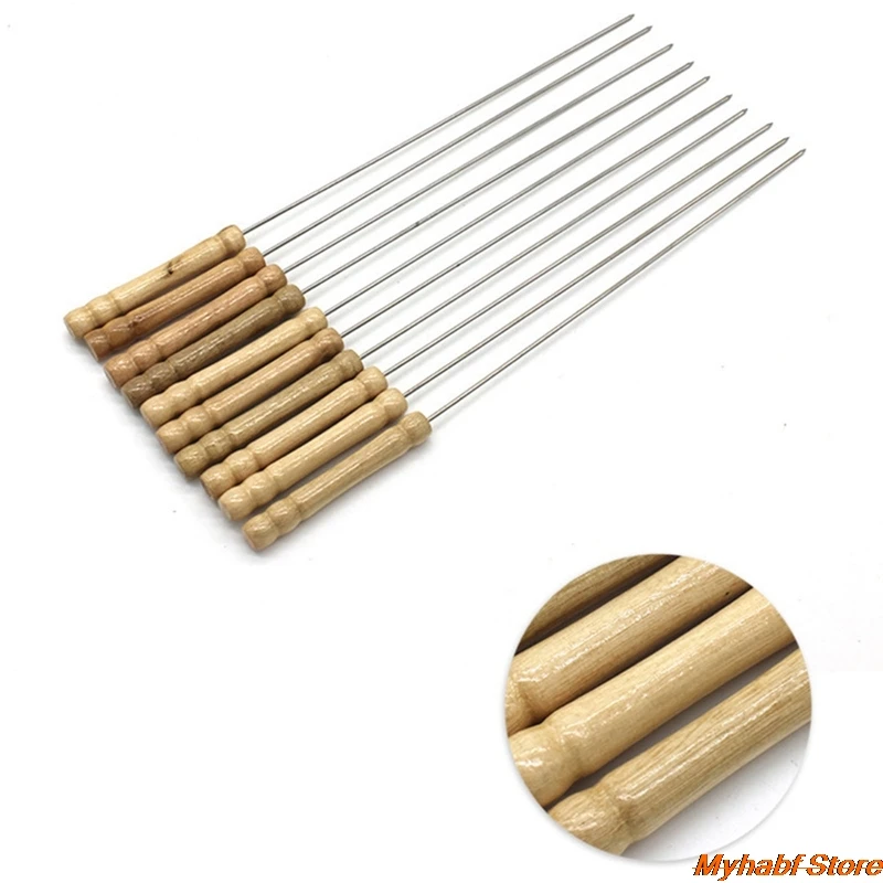 10pcs 31cm BBQ Kebab Skewers with Wooden Handle Reusable Stainless Steel BBQ Roasting Needle Barbecue Sticks Skewers BBQ Tools