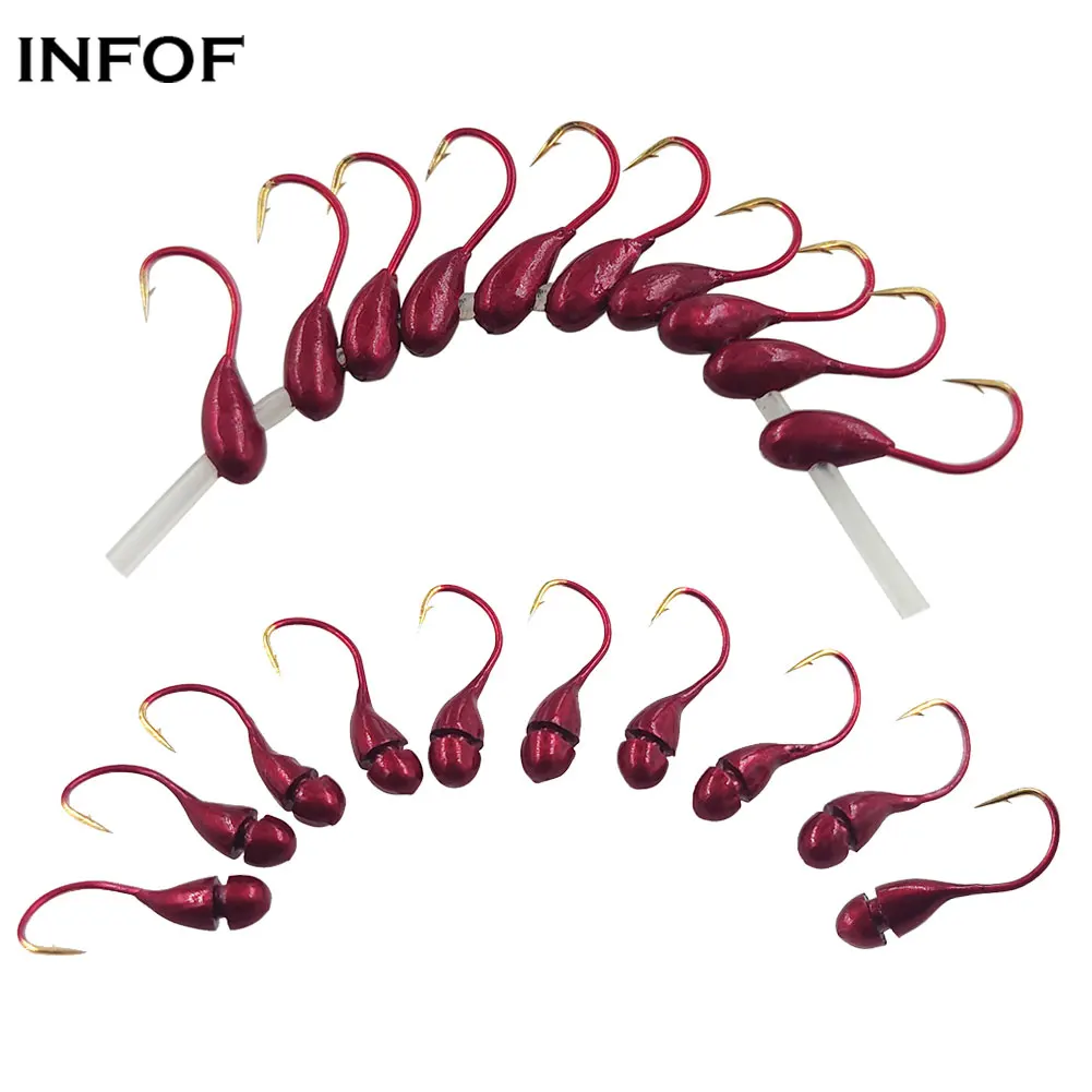 INFOF 20-pieces Winter Ice Fishing Hooks Red Overturned Hook Lead Jig Head Worm Hook Maggot Fishhook Carp Fishing Tackle