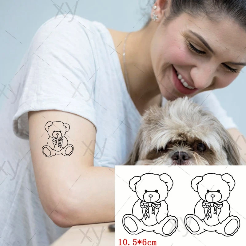 Waterproof Temporary Tattoo Sticker Cute Litter Bear Bow Flash Tatoo Fake Tatto Body Art Hand Leg for Men Women Kids 10.5*6cm