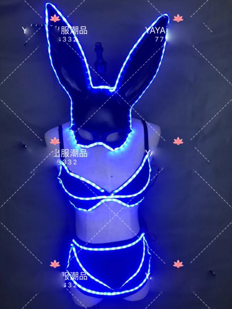 bikini luminoso a led sexy + maschera da coniglio bar party femminile dj ds abbigliamento da prestazione LED costume da coniglio Costumi da discoteca gogo