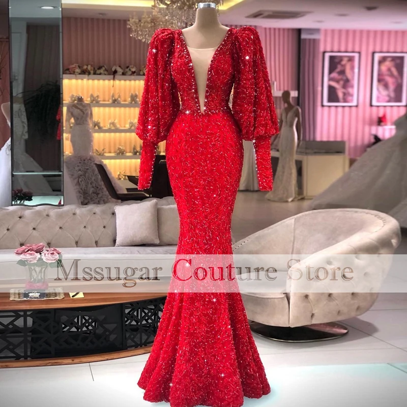 

2021 Elegant Mermaid Evening Dresses Longsleeves V-Neck Beading Plus Size Women Long Formal Party Prom Gowns Custom Made