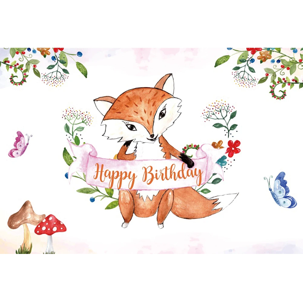 Laeacco การ์ตูนวันเกิดพื้นหลังสีน้ำ Fox ผีเสื้อแสดง Custom Portrait ถ่ายภาพฉากหลัง Photocall