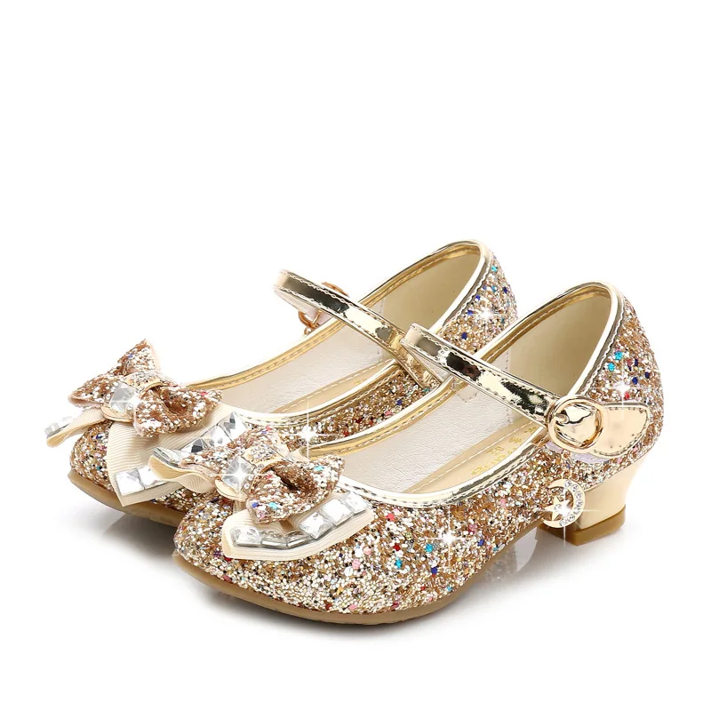 Princess Kids Leather Shoes Girls Wedding Flower Casual Glitter Children High Heel Summer Sandals Butterfly Knot Party Wedding