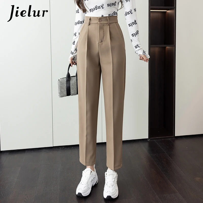 Jielur Khaki Suit Women Pants Autumn Loose Straight Harem Trousers Female Pockets Zipper Elegant Korean Style White Pants S-XXL