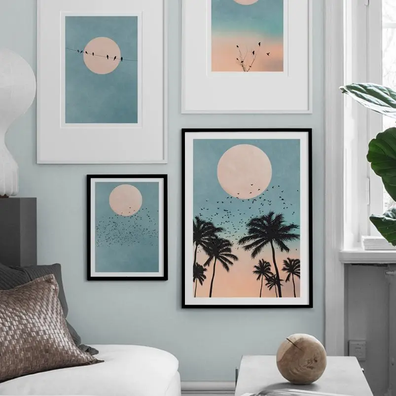 

Beach Palm Trees Birds In The Moonlight Nordic Posters And Prints Wall Art Canvas Painting Decoration Pictures For Living Room