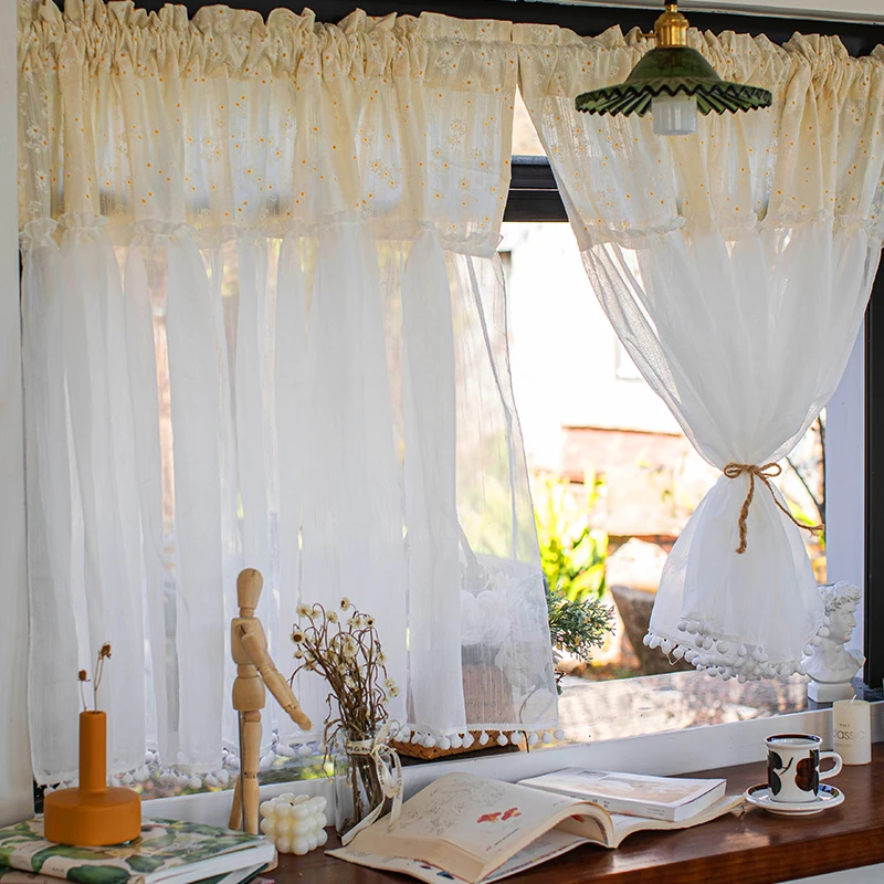 

Yellow broken flowers, small fresh half curtain, half shade, translucent window screen, and Korean sweet small window curtain sc