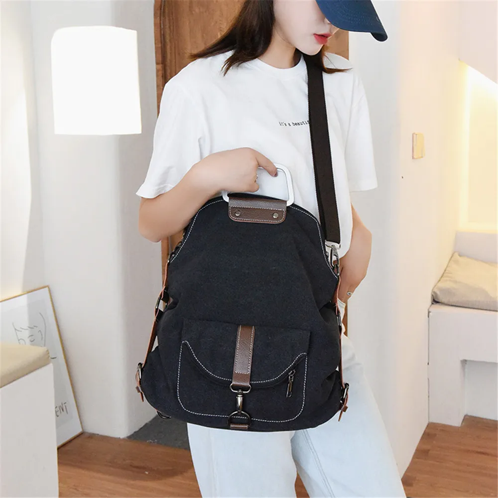 Canvas Women\'s Backpack Metal Handle Designer Backpack Belt Buckle Anti-theft Bookbag Casual Travel Shoulder Bag Female Mochila