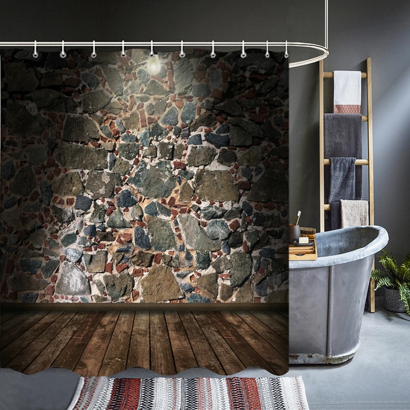 

Retro Idyllic Old Rock Brick Wall Shower Curtains Waterproof Bathroom Bath Curtain 3d Print With Hooks Washable Polyester Cloth