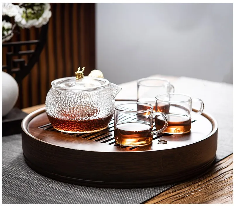 Peony Flower Round Tea Tray-Natural Bamboo Wood Tea tabl Tray Tea Set Board Bamboo Pu er Tea Tray Kitchen Accessories