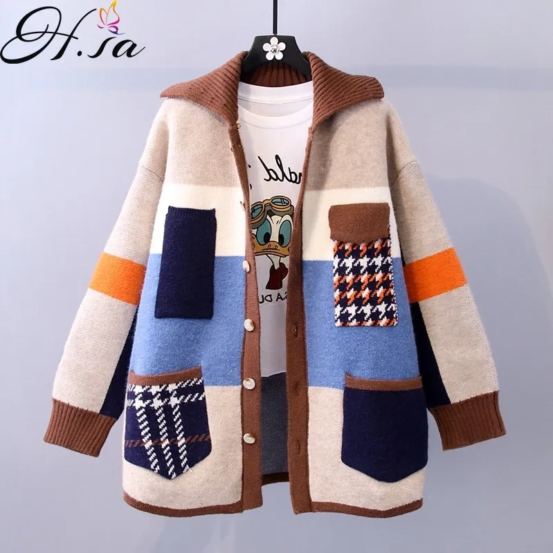 Hsa Women Long Sweater Cardigans Colorful Patchwork Sweater Coat 2021 Winter Korean Knitted Coat Oversized Warm Thick Cardigan