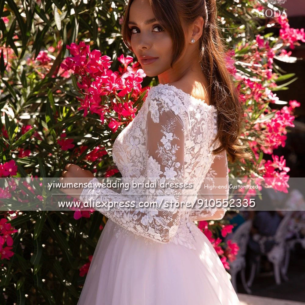 Champagner Tüll A-Linie Brautkleider für Brirde Lange Ärmel V-Ausschnitt Spitze Applikationen Brautkleider Maßgeschneidertes Damen-Partykleid