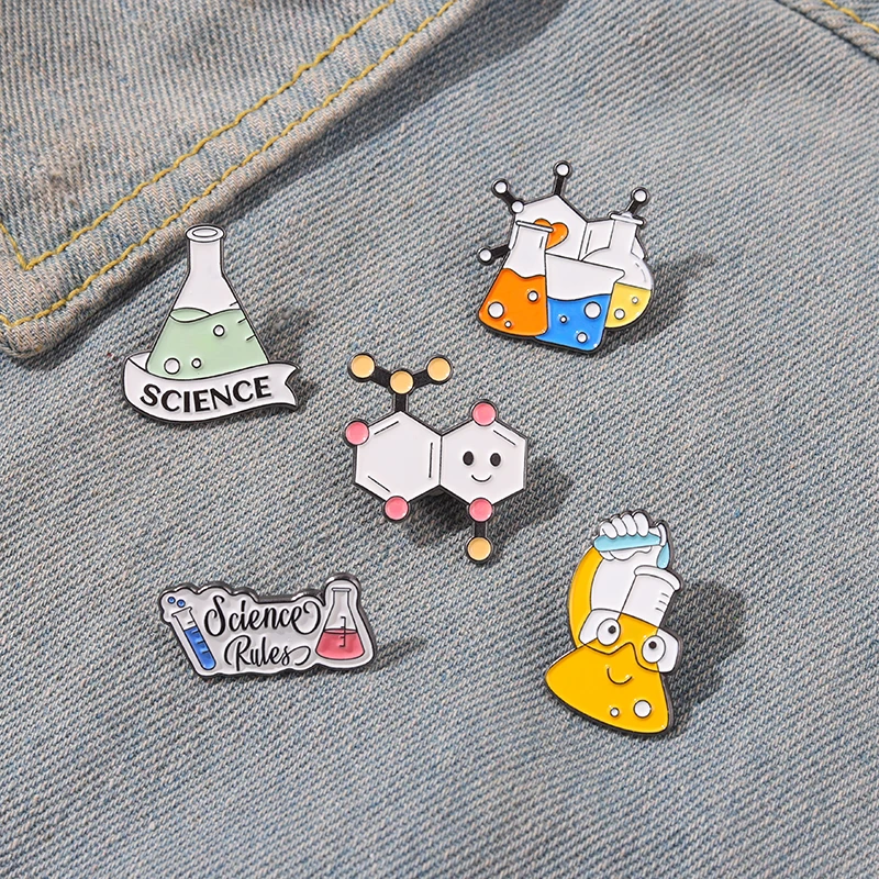 Creative Cartoon Science Rules Test Tube Enamel Pins Chemical Reaction Molecular Brooch Badge Cute Trendy Lapel Jewelry For Kids