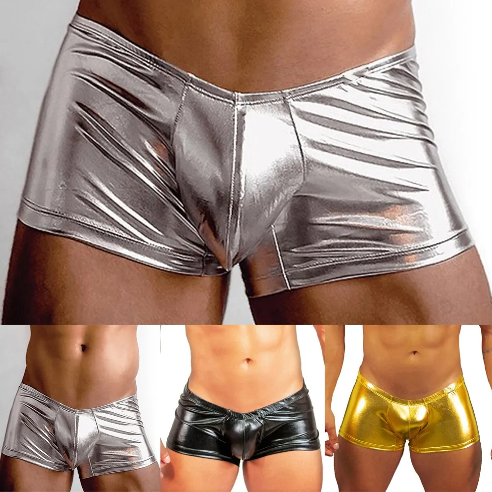 Sexy Gay Men Underwear Boxer Briefs Trunk Metal Tight Bandage Leather Underpant Ocks Tanga Underwear Shorts Exotic T-back 2021