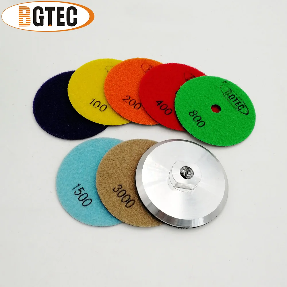 BGTEC 7pcs 100mm  grit 50-3000 Dry Diamond Polishing Pad with a M14 Aluminum base backer 4'' grinding disc for Granite Marble