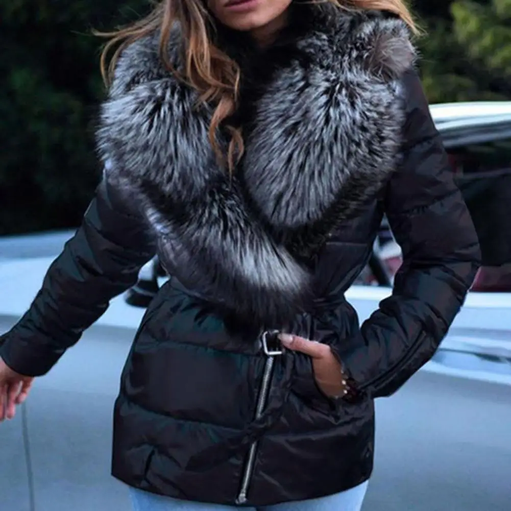 Casual Overcoat Bright Surface Women Jacket Skin-Touch Belt  Great Faux Fur Collar Lady Puffer Cotton Coat