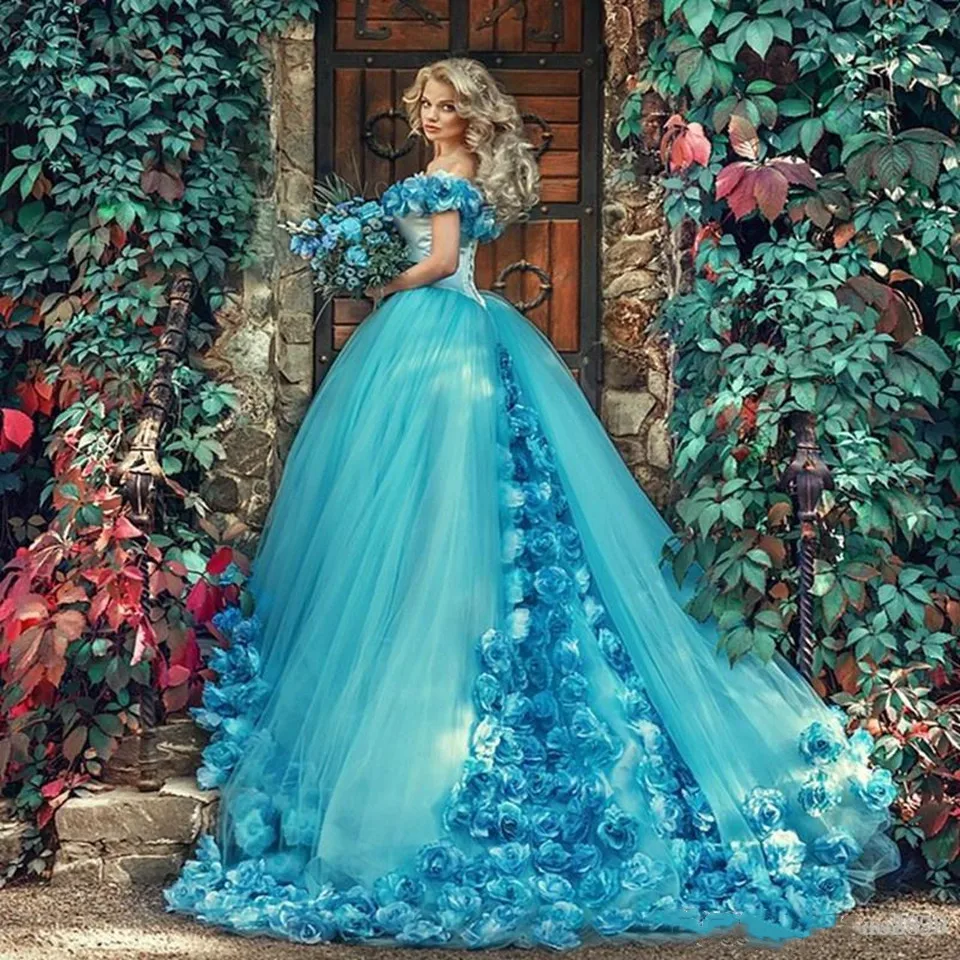 2021 Light Blue Quinceanera Dresses Ball Gown Tulle 15 anos Flowers Fluffy Off The Shoulder Evening  Sweet 18 Prom Dress