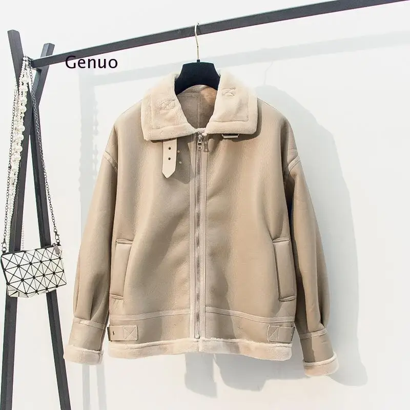 Winter Lamb Fur Fur Leather Short Jacket Woman 2021 New Thick Stand Collar Motorcycle Bomber Faux Sheepskin Lambswool Pu Coat