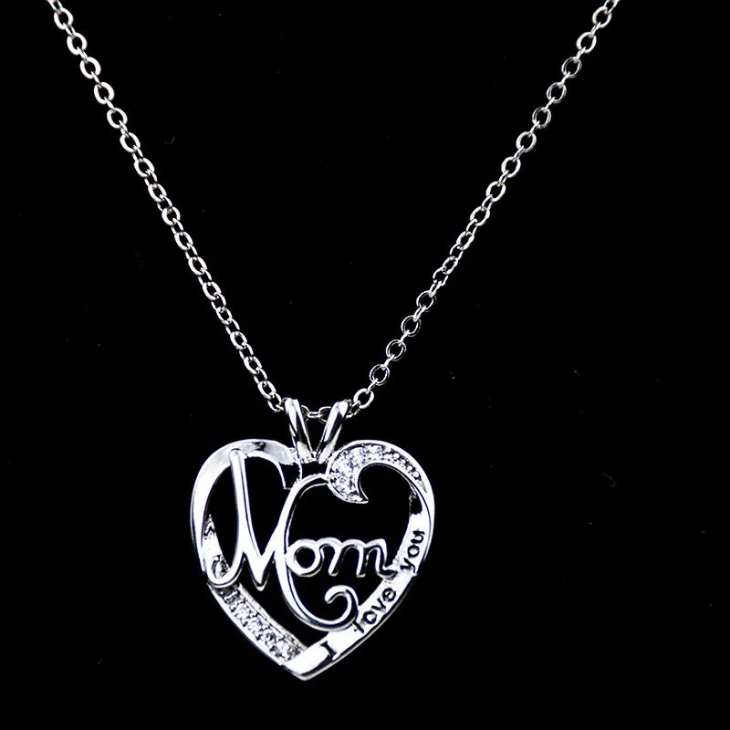 S925 Solid Sterling Silver Pendant Necklace Women I Love You MOM Heart Crystal Necklace for Mother\'s Day Gift Christmas Jewelry