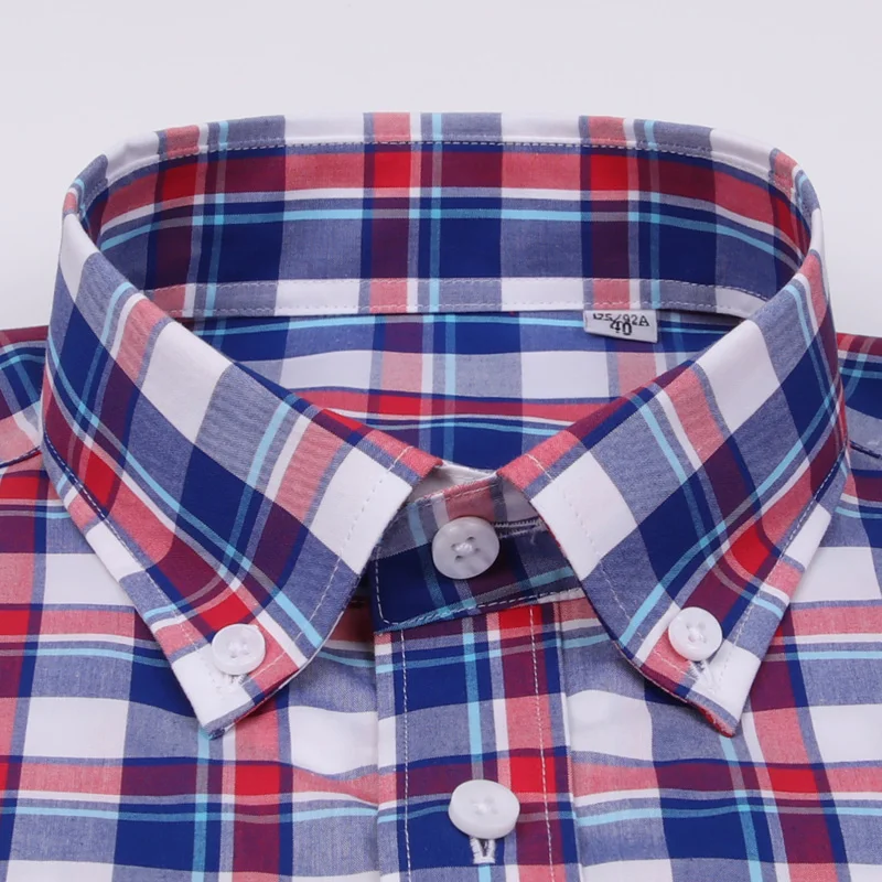 Men's Summer Short Sleeve Plaid Checkered Shirt Pocket-less Design Casual Button-down Collar Standard-fit Cotton Gingham Shirts