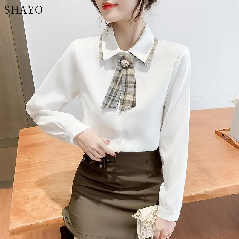 

Women Blouses Girls Spring Autumn Long Sleeve Bowknot Chiffon Blouse Shirt School Uniform Top Office OL Ladys Unlined uppe