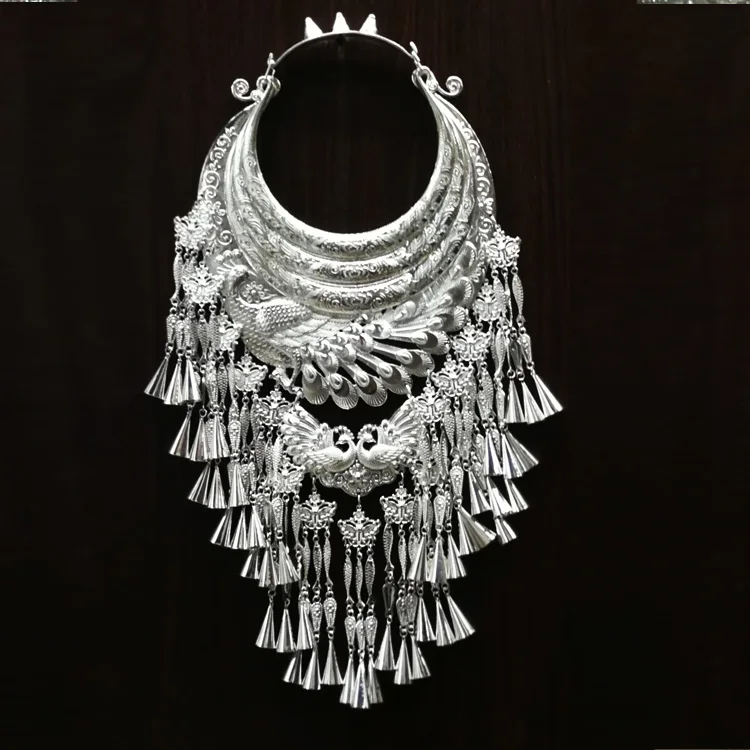 Miao Silver Collar Necklace Peacock Tassel Designs Festival Hmong Jewellry Accessories Chinese Style Miao Hmong Jewelry