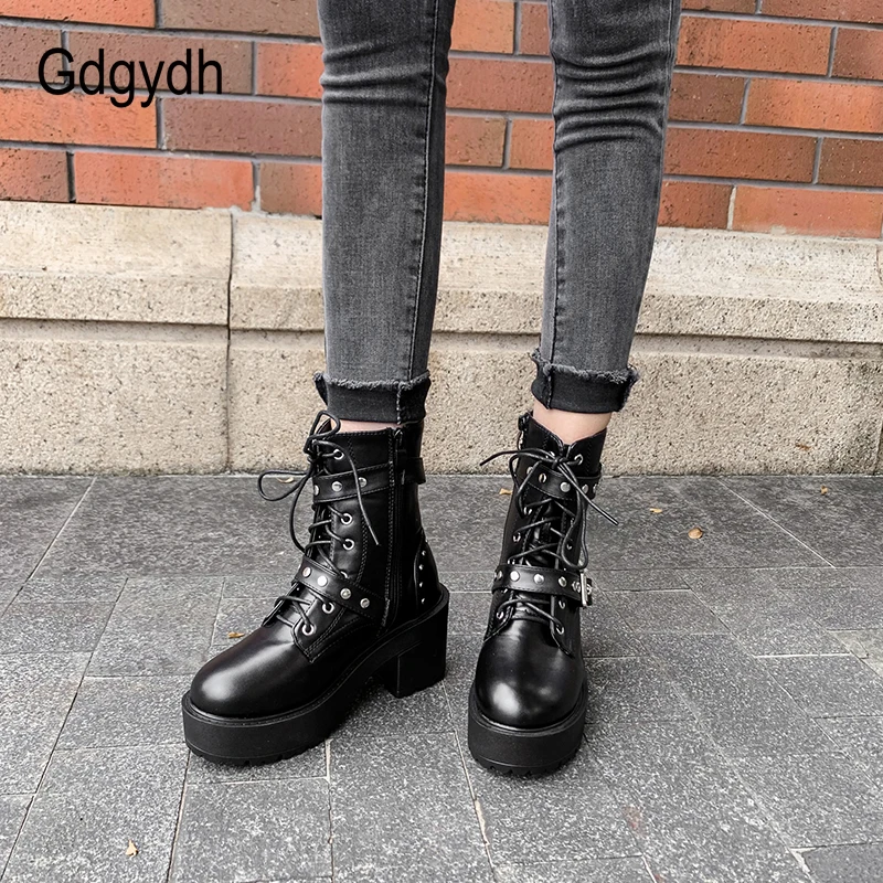 Gdgydh Sexy Rivet Autumn Boots Women Platform Boots Black Leather Gothic Punk Style Combat Boots For Women Mid Heels Comfortable