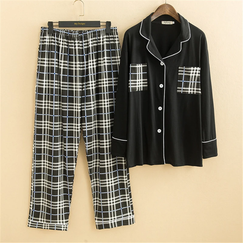 

Luxury Nightgown Kimono Autumn Long-sleeve Trousers Pajamas Cotton Home Service Korean Loose Simple Plaid Sleepwear Pijamas