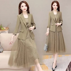 Office Lady Korean Mesh Dot Print Dress Suit Women 2 Piece Set Elegant Slim Blazer Jacket + Spaghetti Strap Midi Dresses Outfits