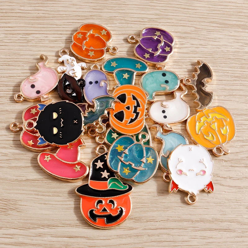10pcs/lot Enamel Halloween Charms for Jewelry Making Cute Pumpkin Bat Ghost Charms Pendants for Necklaces Earrings DIY Accessory