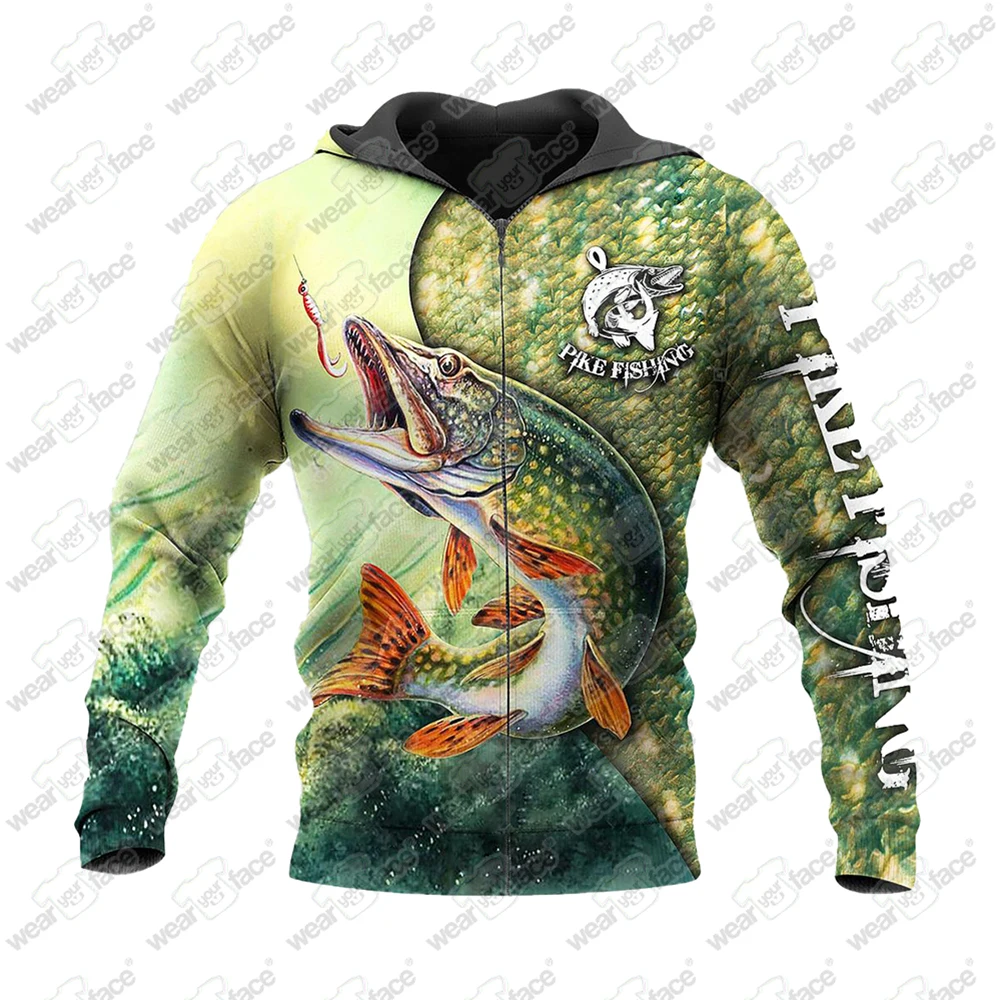 Pike Vissen 3D Over Gedrukt Sweatshirts Rits Hoodies Trainingspakken Shorts Casual Sport Streetwear Vocation Unisex Kleding