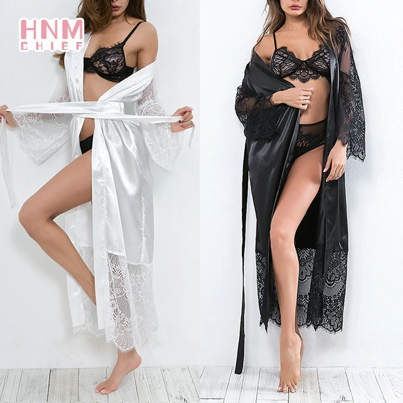 Bridesmaid Robes Black Silk Satin Wedding Bride Bridesmaid Robe Splicing Lace Bridesmaid Robes Sexy Solid Color Tempting