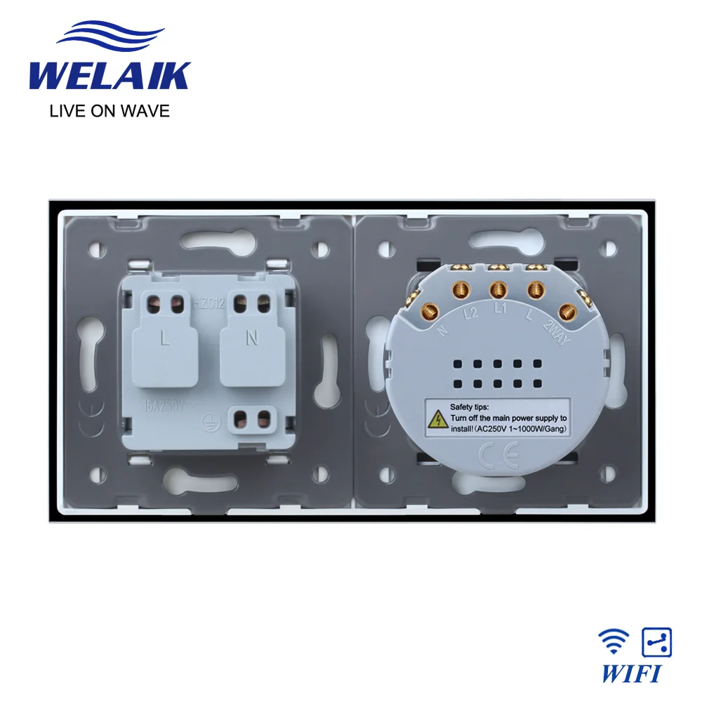 WELAIK EU Tuya WIFI 1 ~ 1000W Google-Thông Minh Lối Đi Cầu Thang 2gang2way Kính Bảng Điều Khiển Đèn LED Dán Tường Cảm Ứng-Công Tắc 220V 16A Ổ Cắm Điện