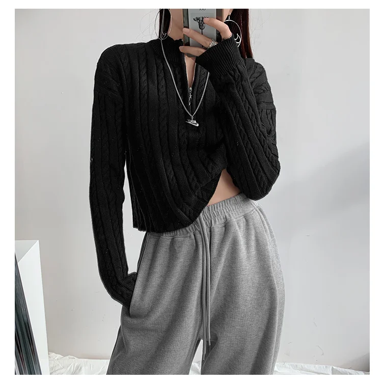 

High Neck Half Zipper Sweater Women Winter and Autumn Spiral Knit Pullover Retro Outer Wear Long Sleeve Top Fashing Clothes