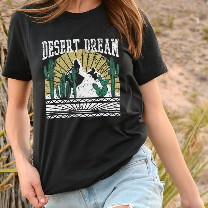 Desert Dream Cactus Retro T Shirt Vintage Boho Style Graphic Tees Cowgirl Cotton Short Sleeve Women Tshirt Hippie Top Clothes