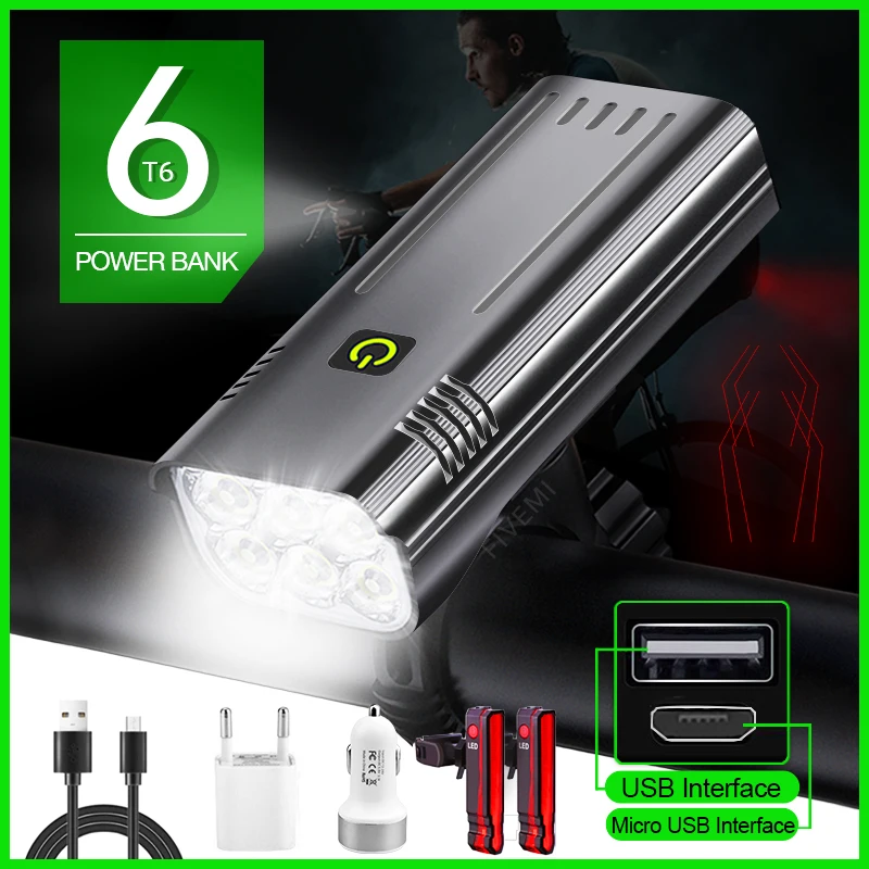 6T6 LED Flashlight For Bike Light Front Headlight For Bicycle Light USB Rechargeable 5200mAh Waterproof  MTB Road Cycling Lamp