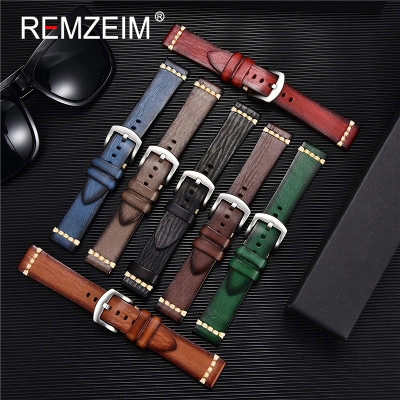 REMZEIM Wax Oil Skin Watch Straps 18mm 20mm 22mm 24mm Red Green Blue Vintage Genuine Leather Watch Band Calfskin Watch Straps