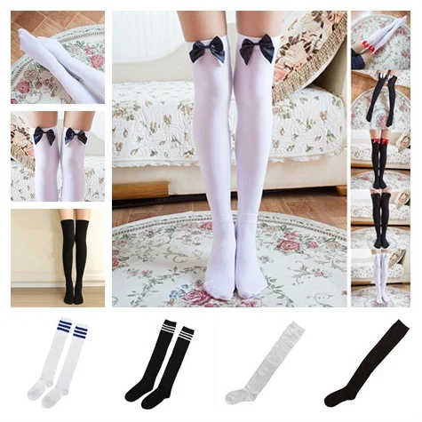 Girls Student Socks Stretch Lace Bow Thigh High Socks Fashion Sexy Stockings Women Over Knee Womens Female Long Knee Sock