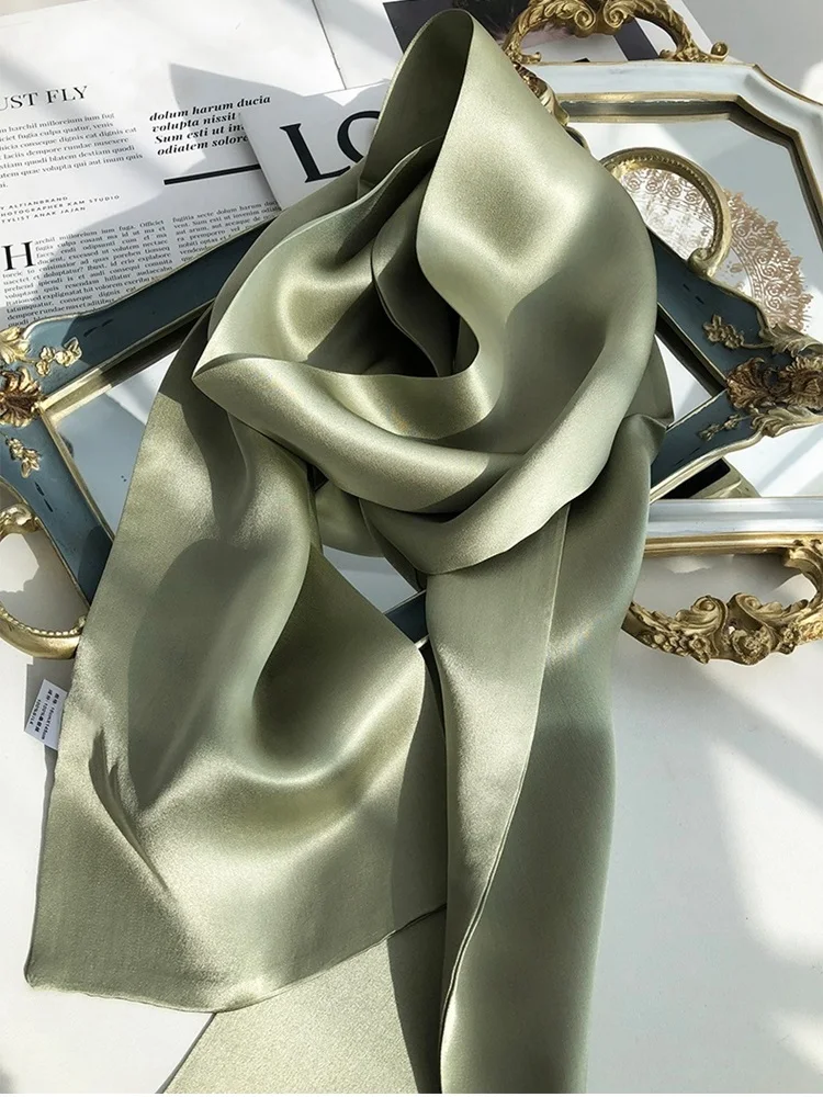 Solid 100% Natural Silk Scarf Neckerchief Women Ladies Luxury Narrow Long Ring Silk Scarf Wraps Double Layer 145*16cm