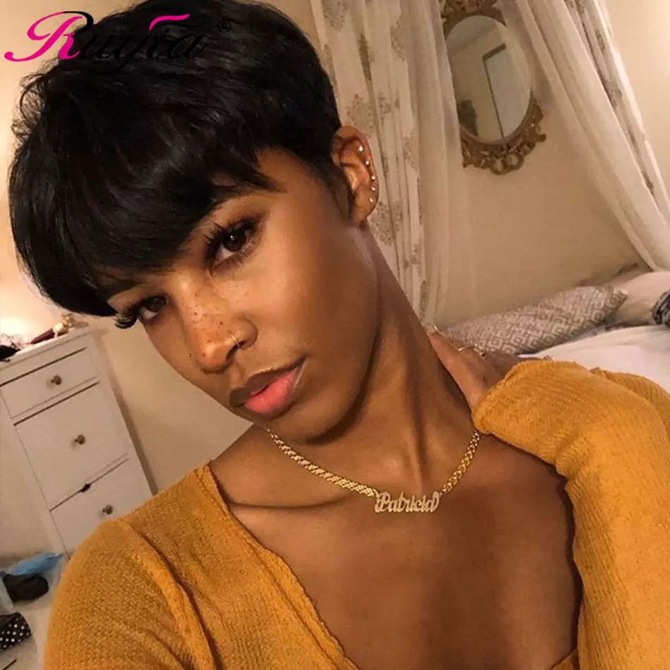 Short Human Hair Wigs For Women Straight Pixie Cut Wig Remy Human Hair Pre Plucked Top Wig Glueless  Short Full Wig Whole Sale