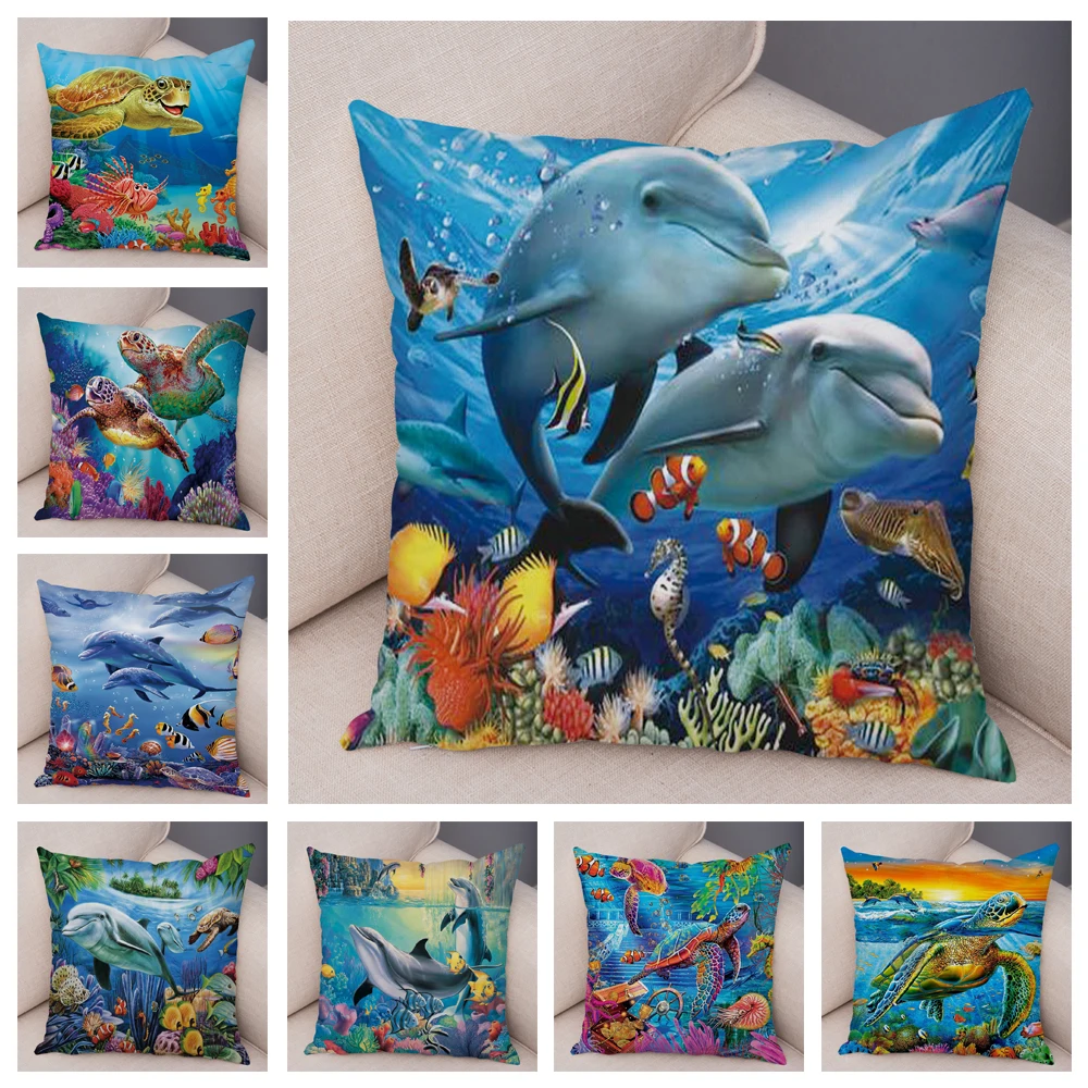 Colorful Underwater World Pillowcase Decor Cartoon Animal Turtle Dolphin Cushion Cover for Sofa Home Car Soft Plush Pillow Case