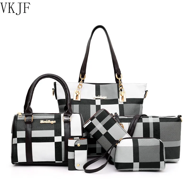 

New Fashion Luxury Handbags New 6 PCS Set Women Plaid Colors Handbag Female Shoulder Bag Travel Shopping Ladies Crossbody Bag