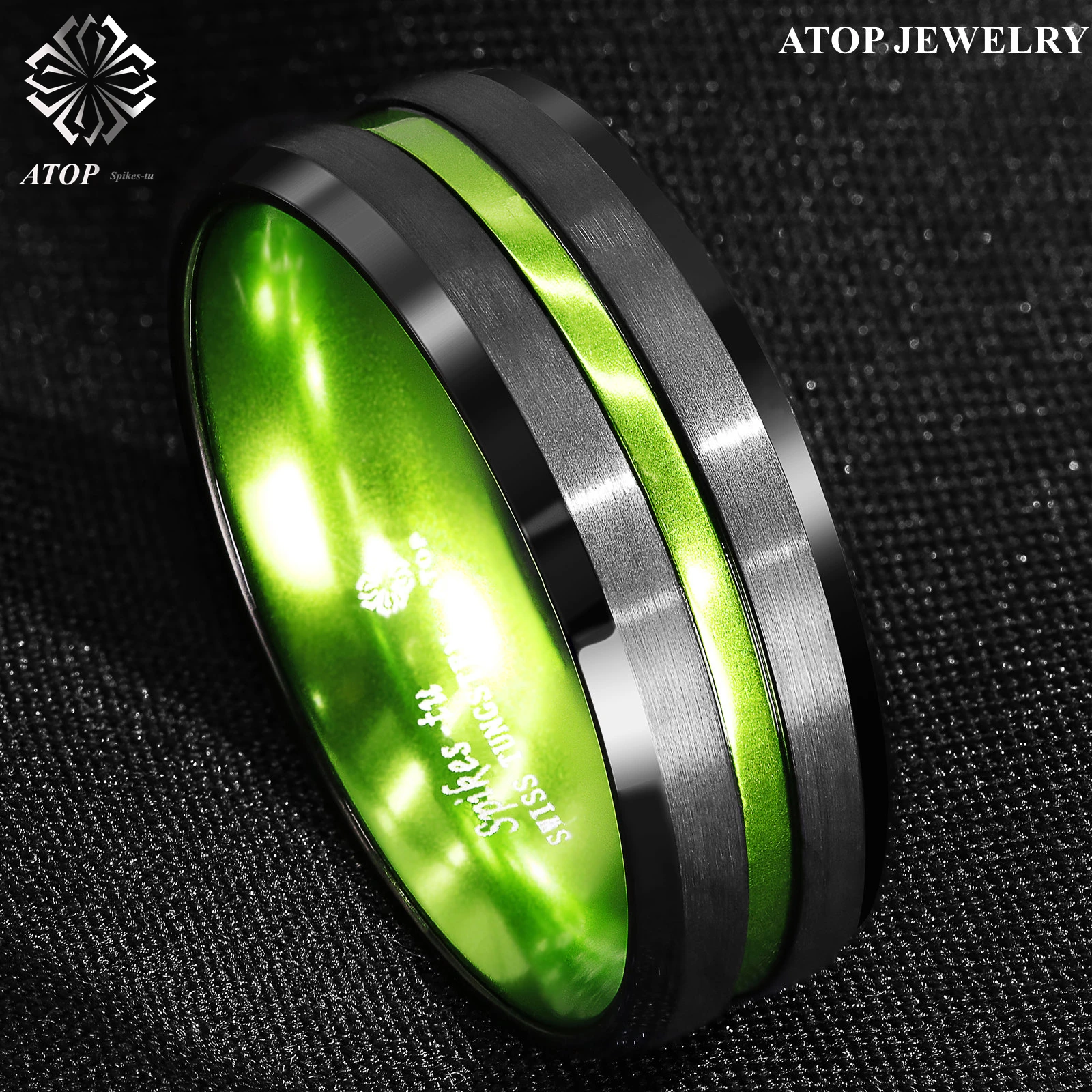 8/6mm Black Tungsten Carbide Green Line Wedding Band Ring ATOP Men's Jewelry