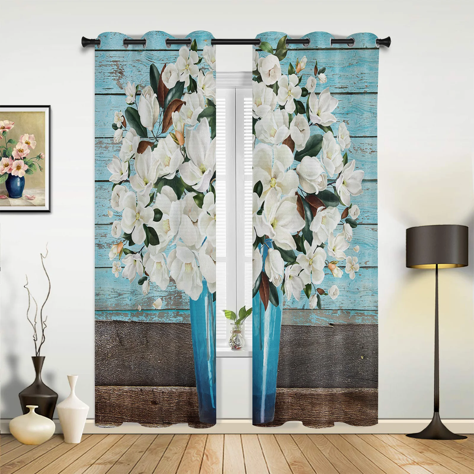 Magnolia Flower Vintage Wood Grain Window Curtains Bedroom Kitchen Drapes Panel Curtains for Living Room Christmas Home Decor