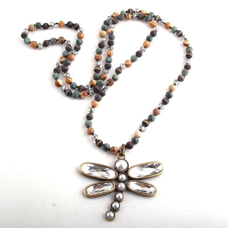RH Moda Boêmio Jóias 6mm Pedra Semi Preciosa Cristal Longo Anudado Metal Libélula Pingente Colares Mulheres Boho Colar