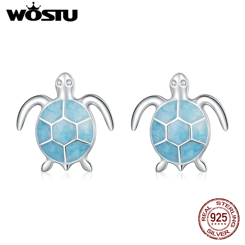 WOSTU Real 925 Sterling Silver Blue Turtle Stud Earrings Cute Zircon Earrings For Women Fashion Silver Jewelry CQE1035